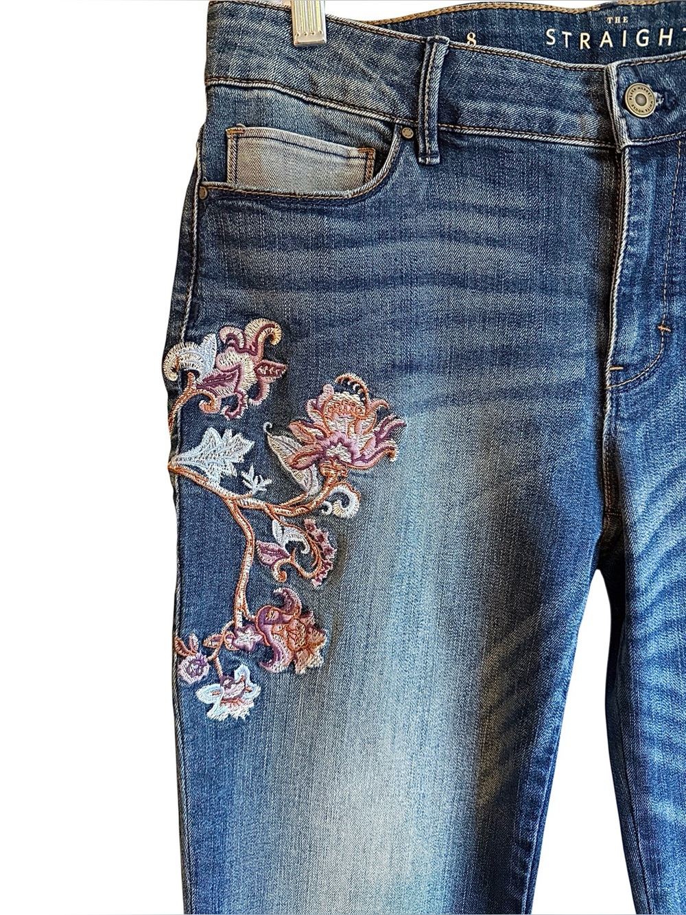 WHBM “The Straight” Mid Rise Floral Embroidered Denim Jeans Size 8 - Picture 3 of 12